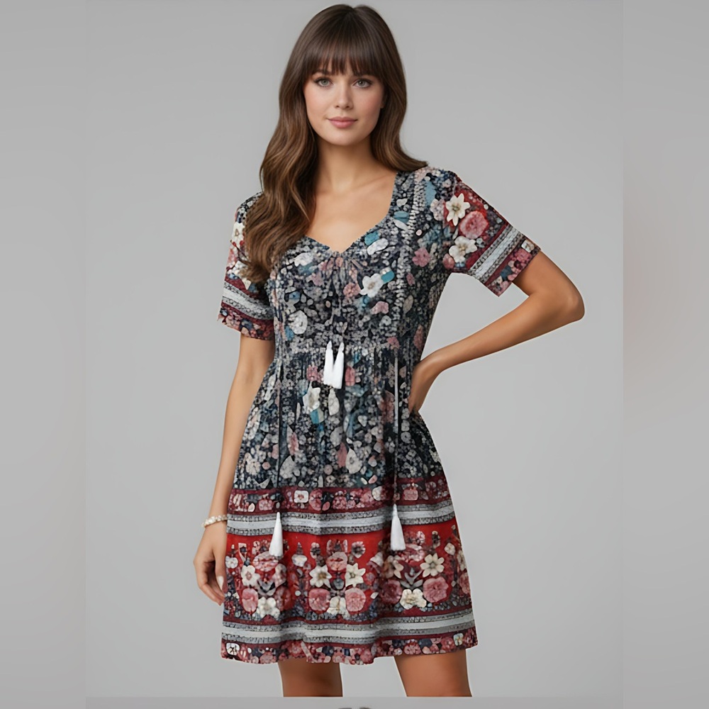 LAST ONE 🔥 Boho Floral Print Button Front A-line Dress